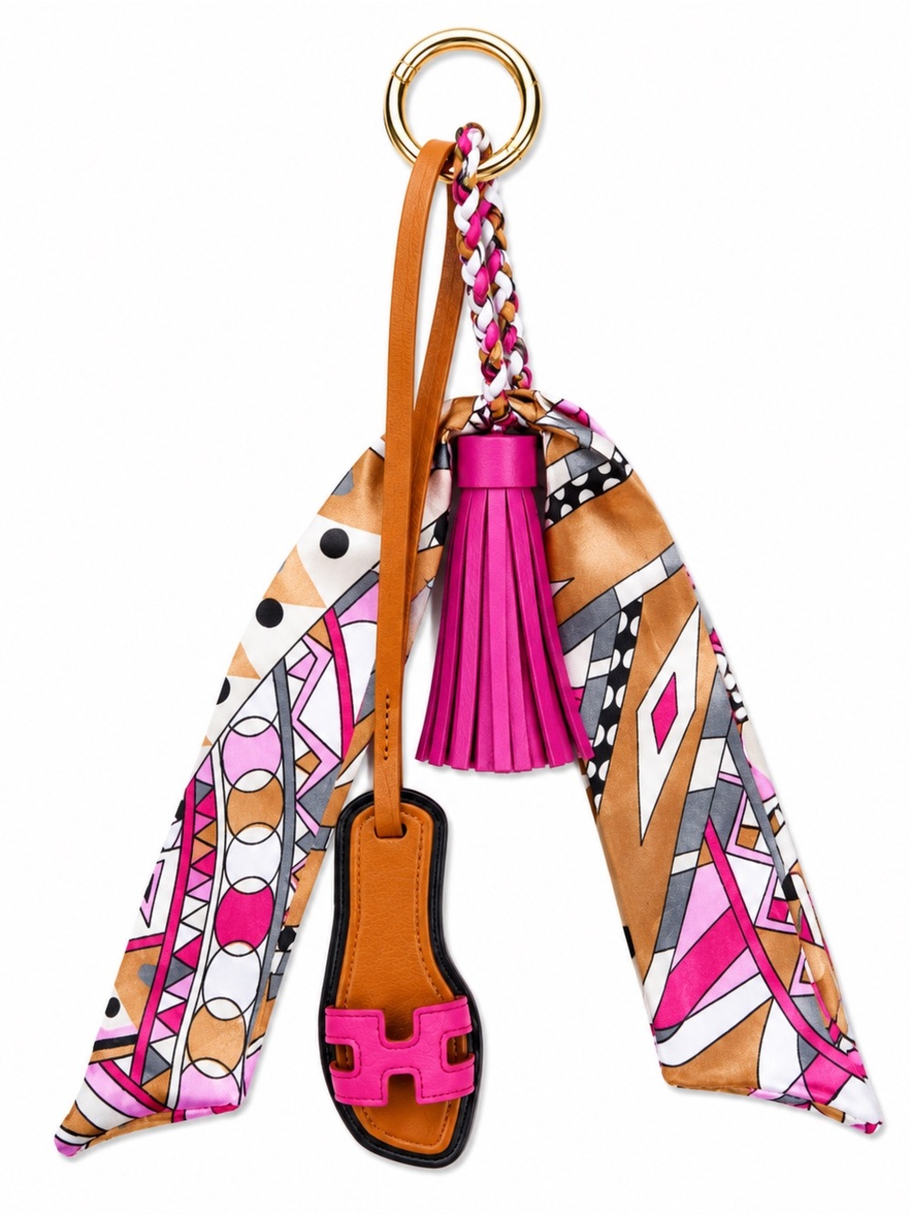 Silk Scarf Keychain with Pink Tassel and Tan Leather Accent